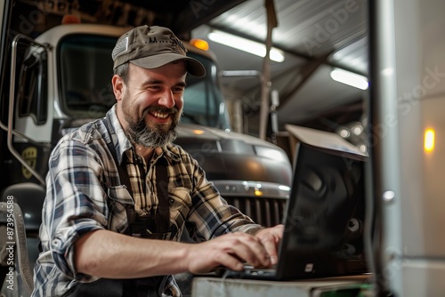 Happy mechanic using laptop while working at truck repair workshop. 