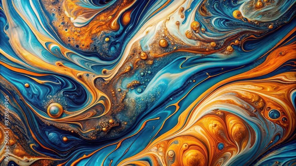 Fototapeta premium Abstract blue, orange, and golden marble liquid texture background, marble, liquid, texture, abstract, blue, orange, golden