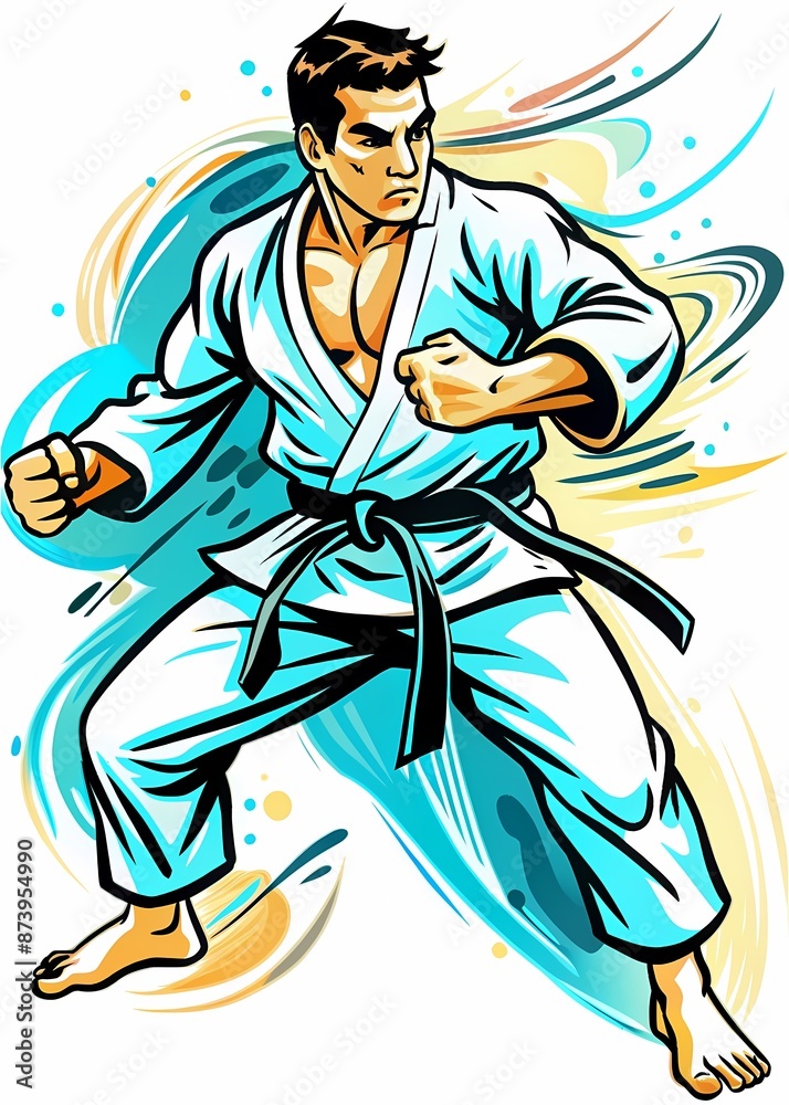 Intense Karate Action: Martial Artist Demonstrating Technique, perfect for use in martial arts tutorials, dojo promotional materials, fitness magazines, or sports psychology presentations. Intense Karate Action: Martial Artist Demonstrating Technique, perfect for use in martial arts tutorials, dojo promotional materials, fitness magazines, or sports psychology presentations.