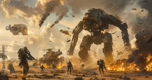 Illustration showing a robot machine army terminating escapees in a futuristic science fiction story photo