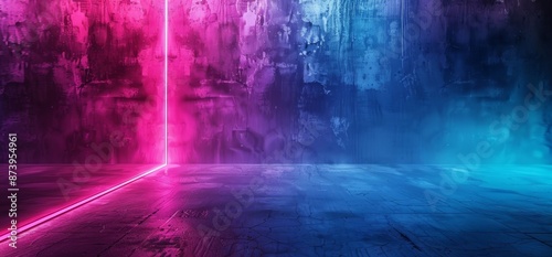 In a dark grunge room with rough concrete and neon lines, space is left for text. SciFi Modern Retro 3D Rendering: Blue pink purple colors in a space with the words "SCIFI MODERN Retro"
