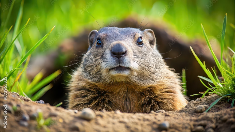 Close-up of groundhog emerging from its burrow on Groundhog Day, groundhog, burrow, emerging, animal, wildlife, rodent Close-up of groundhog emerging from its burrow on Groundhog Day, groundhog, burrow, emerging, animal, wildlife, rodent