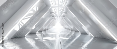 3D rendering of an empty long light corridor with a futuristic sci-fi triangle tunnel.