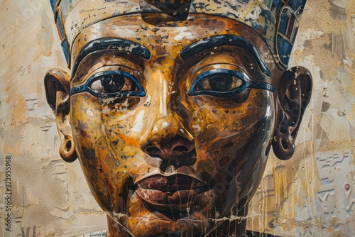 Closeup of a textured painting depicting an iconic egyptian pharaoh with traditional headdress