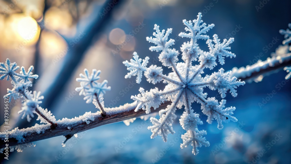 Close-up of snowflakes on a tree branch , winter, cold, frost, icy, white, frozen, seasonal, weather, nature, delicate
