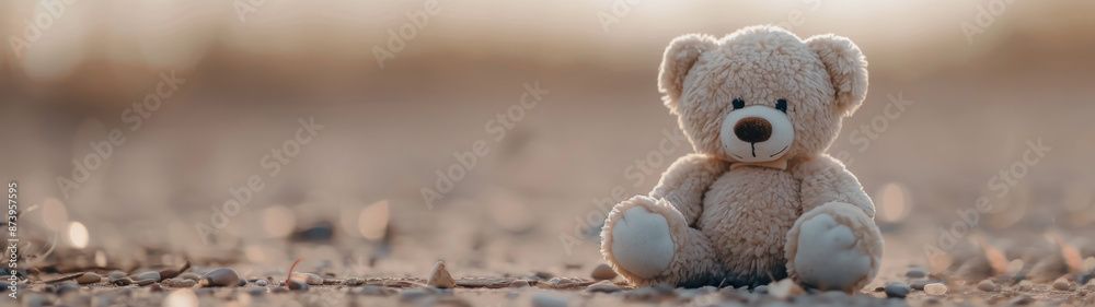 Obraz premium Kids playing with teddy bear toy over city burned destruction