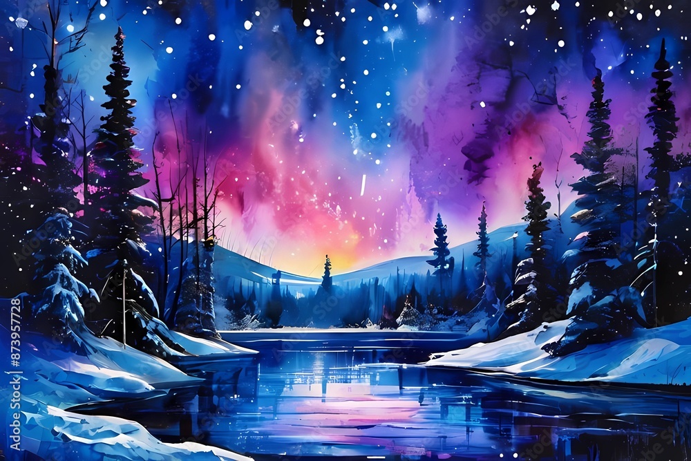 Magical forest glowing with purple and pink lights at night with a frozen lake in the foreground. Generative ai Magical forest glowing with purple and pink lights at night with a frozen lake in the foreground. Generative ai
