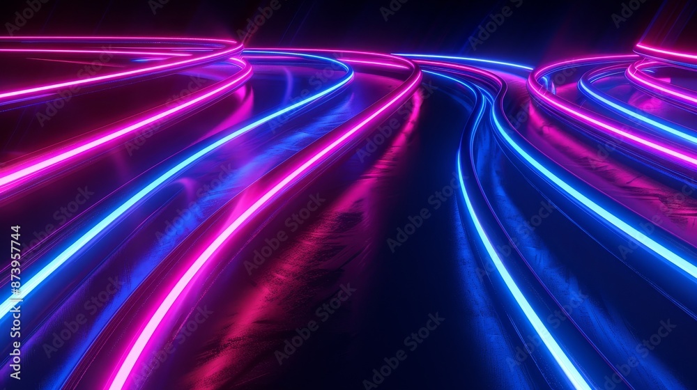 A futuristic neon background rendered in 3D with ascending lines. A futuristic neon background rendered in 3D with ascending lines.