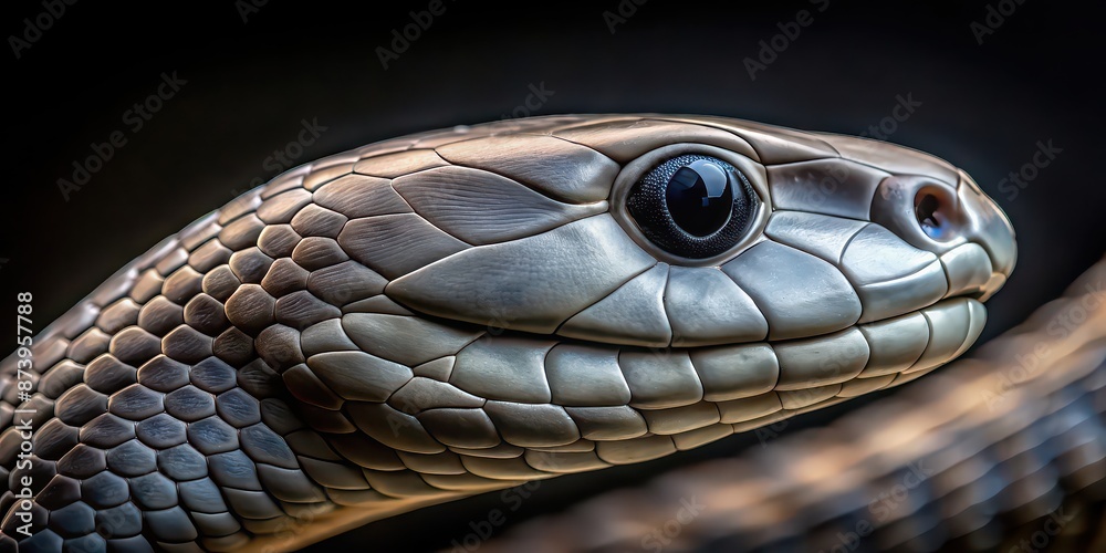 Close up of a Black Mamba snake with a straight face and dark tone, sinister, dangerous, venomous, wildlife, reptile Close up of a Black Mamba snake with a straight face and dark tone, sinister, dangerous, venomous, wildlife, reptile