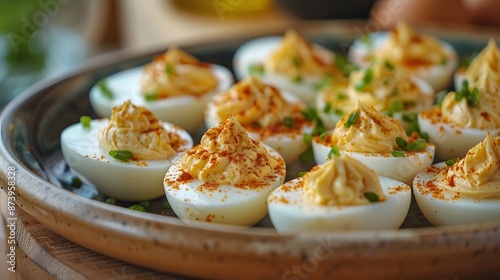 a plate of deviled eggs, centered with sharp detail and ample copy space. 