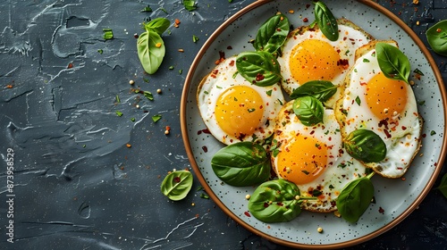 a plate of eggs Florentine, centered with sharp detail and ample copy space.