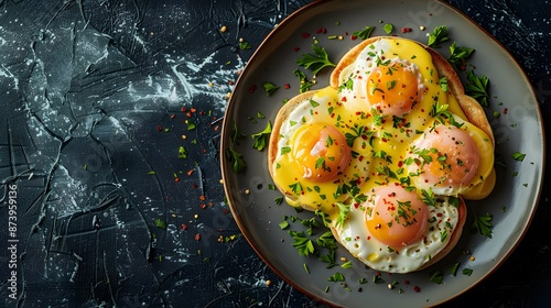 a classic eggs Benedict with hollandaise sauce, centered with sharp detail and ample copy space.
