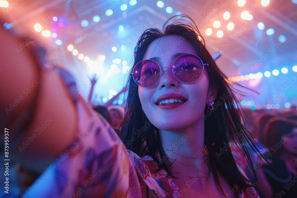 Asian Woman Taking Selfie in Concert Crowd