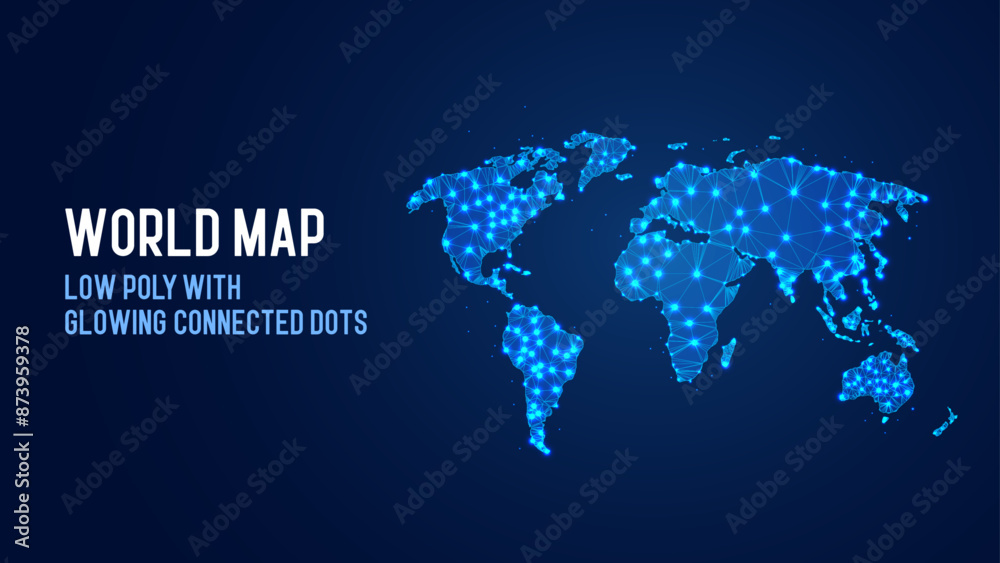 Blue Polygonal World Map Low Poly Design with Glowing White Connected Dots. Geography Illustration Concept. Vector. Blue Polygonal World Map Low Poly Design with Glowing White Connected Dots. Geography Illustration Concept. Vector.