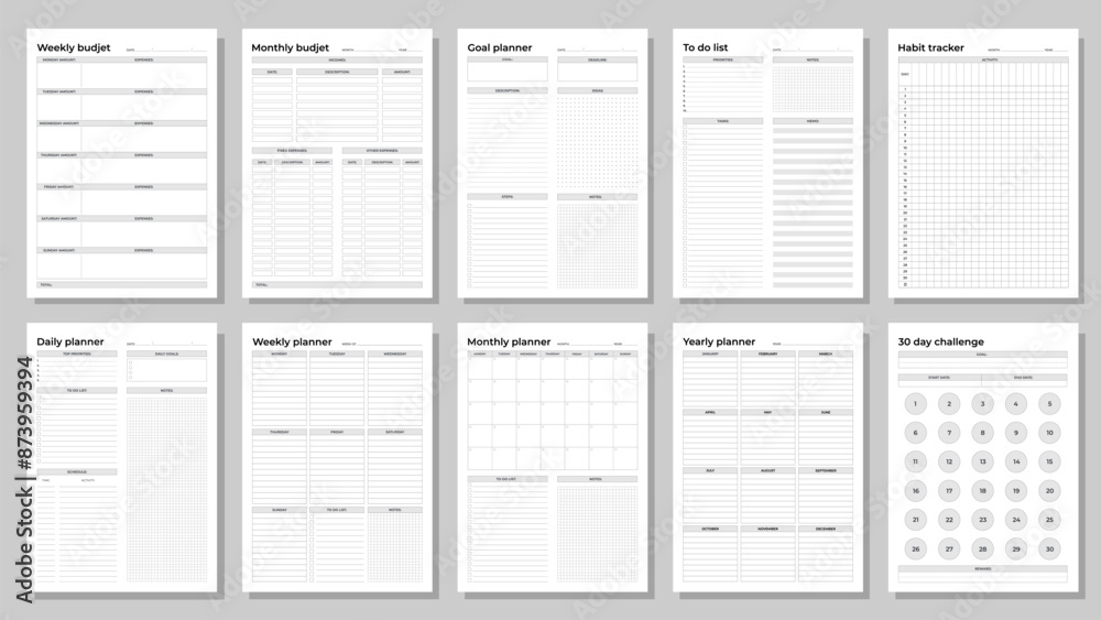 Planners set. Daily, weekly, monthly, yearly, habit tracker, to do list, goal, monthly budjet, weekly budjet and challenge. Blank white notebook page A4. Planners set. Daily, weekly, monthly, yearly, habit tracker, to do list, goal, monthly budjet, weekly budjet and challenge. Blank white notebook page A4.