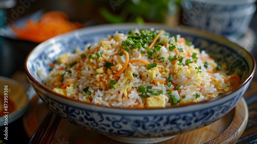 a plate of egg fried rice, centered with sharp detail and a beautiful setting.