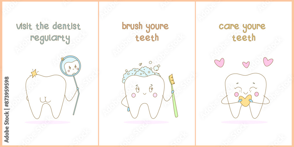 Set of cute teeth with different emotions. Cards with an inscription about dental care. Dental health theme. Vector. Flat style Set of cute teeth with different emotions. Cards with an inscription about dental care. Dental health theme. Vector. Flat style