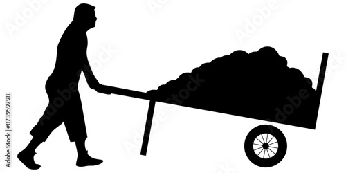 A Man, Figure Man With Wheelbarrow Or Garden Trolley. Vector Icon. Garden Tools. Wheel Barrow Logo. Isolated On Transparent Background.