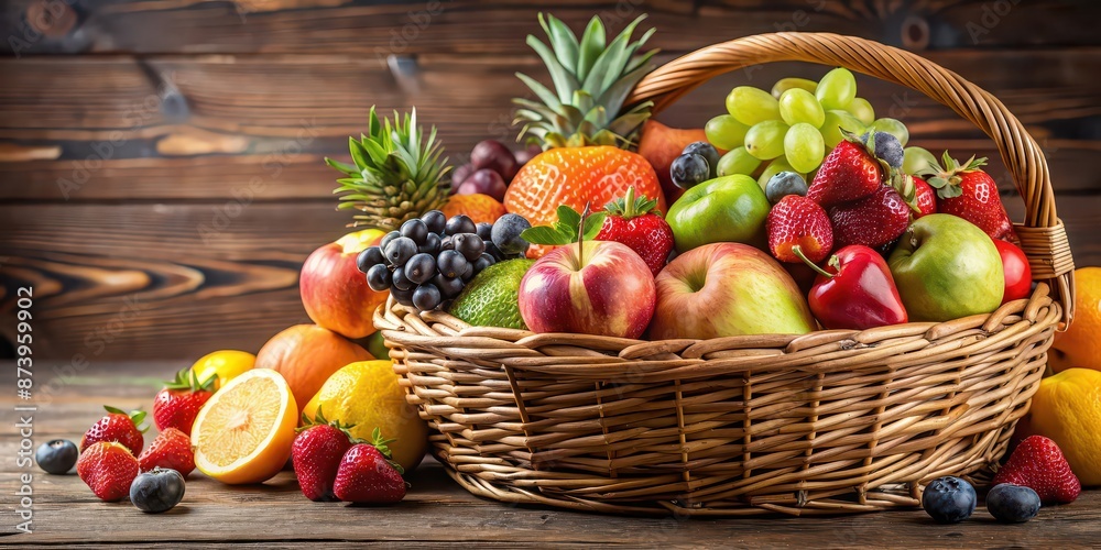 A basket of assorted fresh fruits , healthy, ripe, organic, apples, oranges, bananas, grapes, pineapple, strawberries
