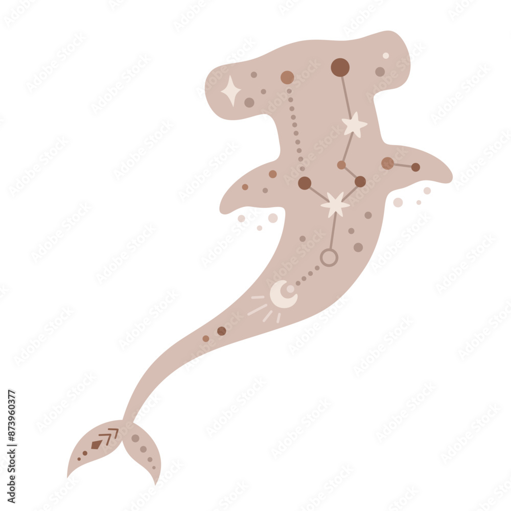 Ocean animal. Boho hammerhead clipart in cartoon flat style. Celestial Sea animal clipart. Hand drawn vector illustration