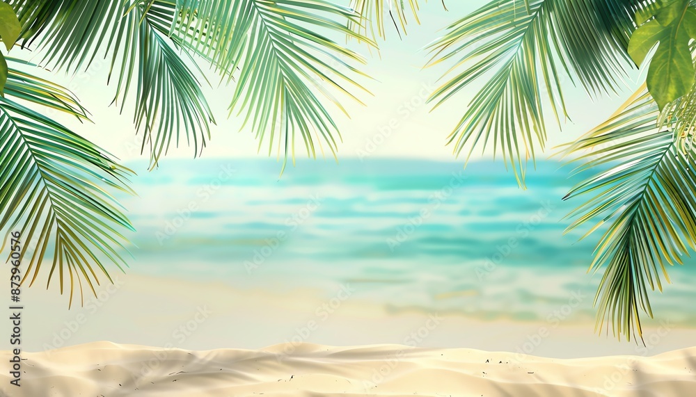 Beautiful Tropical Beach Background with Palm Leaves and Sand Beautiful Tropical Beach Background with Palm Leaves and Sand