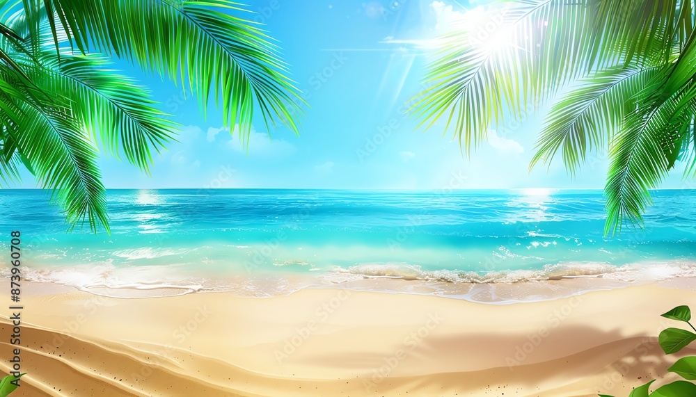 Beautiful Tropical Beach Background with Palm Leaves and Sand Beautiful Tropical Beach Background with Palm Leaves and Sand