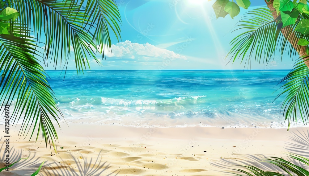 Beautiful Tropical Beach Background with Palm Leaves and Sand Beautiful Tropical Beach Background with Palm Leaves and Sand