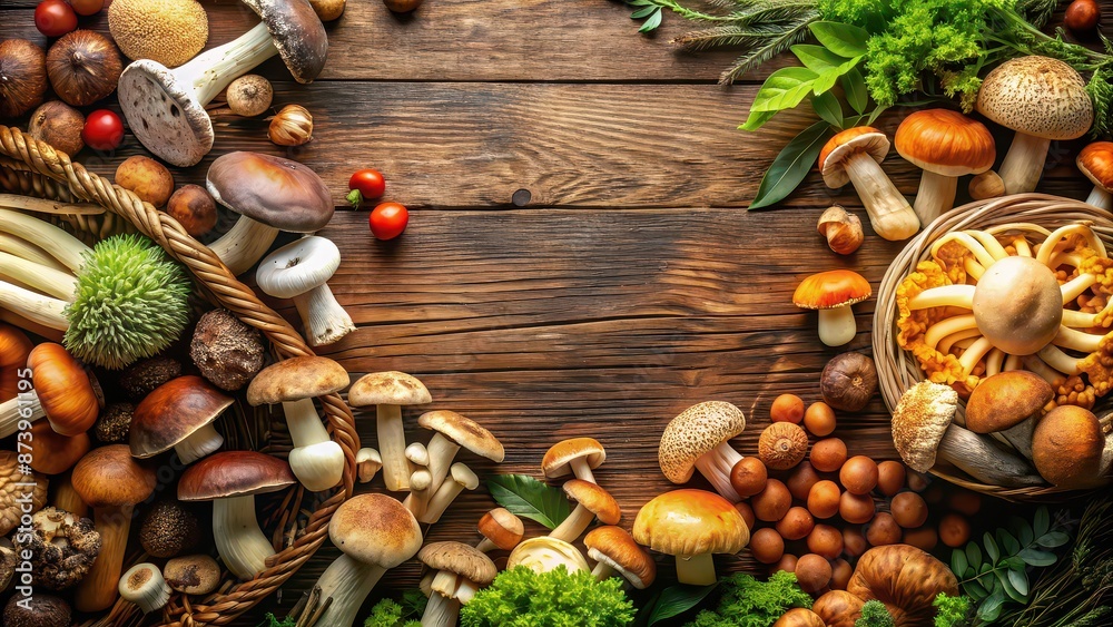 Assortment of various mushrooms on a background, mushrooms, variety, assortment, fungi, ingredients, organic, fresh, edible Assortment of various mushrooms on a background, mushrooms, variety, assortment, fungi, ingredients, organic, fresh, edible