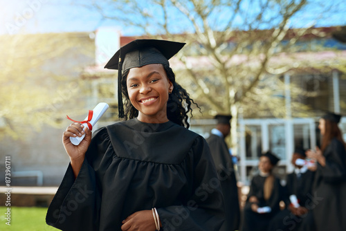 Graduation, portrait and black woman with certificate at university, success or degree in Nigeria. Female student, smile and proud of achievement for goal, celebration or award on campus for ceremony photo