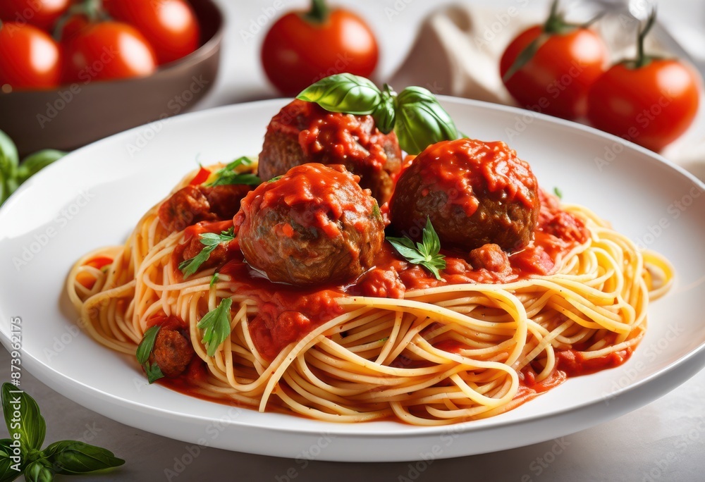 traditional spaghetti meatballs dish white plate fresh tomato sauce garnish, classic, homemade, italian, cuisine, delicious, savory, pasta, meal, dinner, lunch traditional spaghetti meatballs dish white plate fresh tomato sauce garnish, classic, homemade, italian, cuisine, delicious, savory, pasta, meal, dinner, lunch