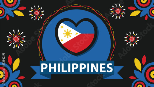 Philippines vector banner design illustration with flag colors, geometric shapes and typography. fireworks and ribbon elements.