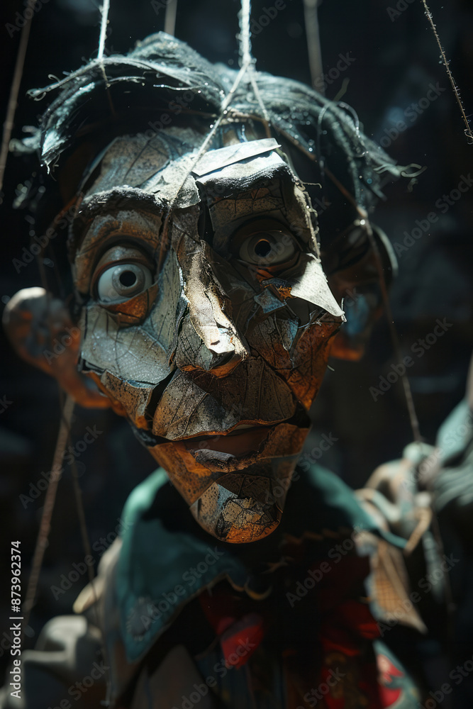 Close-up of a puppet controlled by abstract lines and shapes, symbolizing the connection between the puppeteer and the puppet, Close-up of a puppet controlled by abstract lines and shapes, symbolizing the connection between the puppeteer and the puppet,