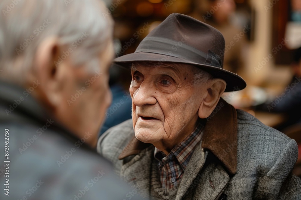 Senior man wearing a hat engages in a thoughtful conversation Senior man wearing a hat engages in a thoughtful conversation