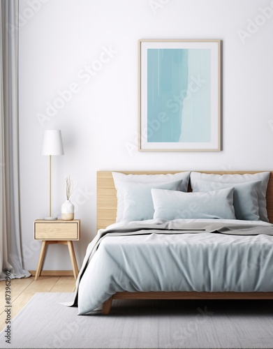 Interior of modern bedroom with white walls, wooden floor, comfortable king size bed with white linen and vertical mock up poster frame