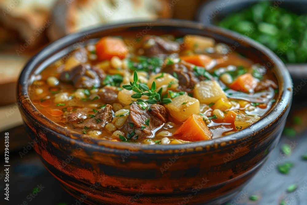 A bowl of Scotch broth, with barley, lamb, and vegetables, garnished with fresh thyme. A bowl of Scotch broth, with barley, lamb, and vegetables, garnished with fresh thyme.