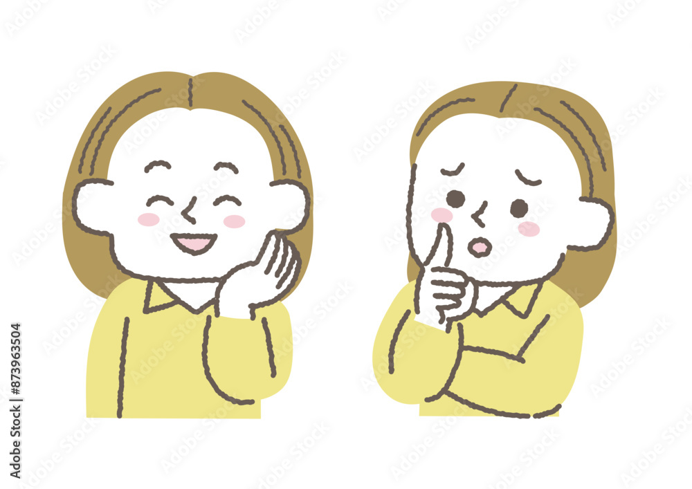 喜んでいる女性と不安を感じている女性のセット 喜んでいる女性と不安を感じている女性のセット