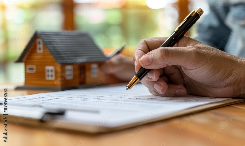 Fototapeta premium Close up hand of Home buyers sign contract after success deal with banker in office
