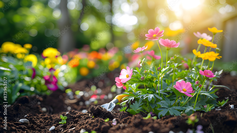 A serene garden scene where a person is planting colorful flowers in a well-tended flower bed. Include gardening tools, vibrant blooms, and a sunny atmosphere. A serene garden scene where a person is planting colorful flowers in a well-tended flower bed. Include gardening tools, vibrant blooms, and a sunny atmosphere.