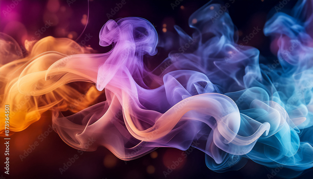 Fototapeta premium Abstract gradient colored smoke flying on black background with bokeh effect, night life of fantastic creature