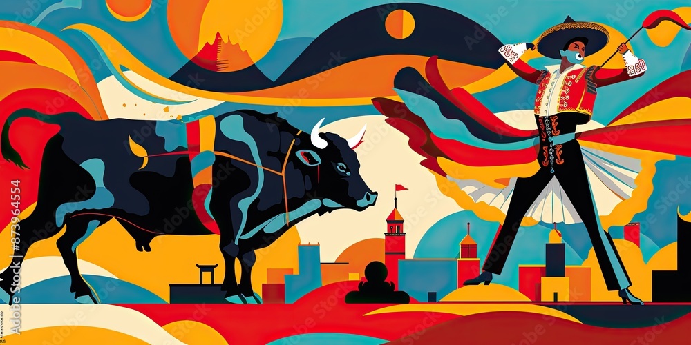 Naklejka premium Vibrant Bullfight Illustration in Pop Art