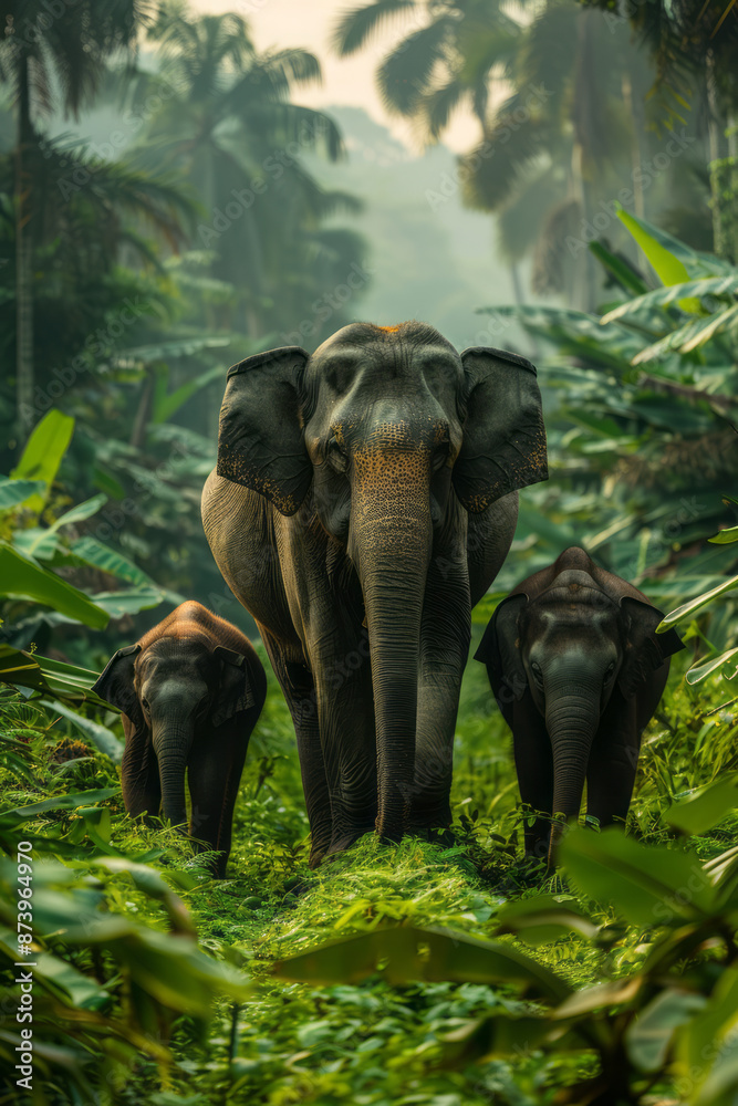 Fototapeta premium Detailed shot of a family of elephants walking through a lush, green landscape, representing joy and unity,