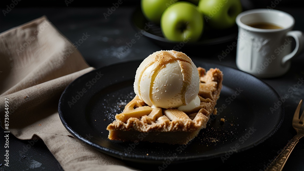 Apple pie with vanilla ice cream on a dark plate. Apple pie with vanilla ice cream on a dark plate.