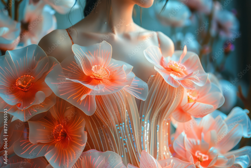 Fototapeta premium Close-up of a woman in a dress made entirely of holographic petals, exuding a sense of futuristic elegance,