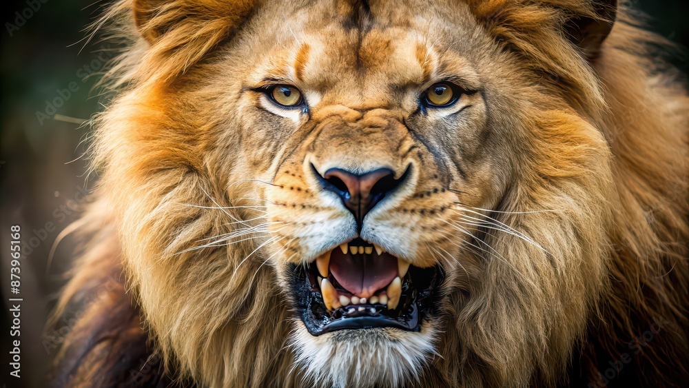 Fototapeta premium Close up of a lion with fierce eyes and sharp teeth, lion, close up, predator, feline, wildlife, nature, safari, animal