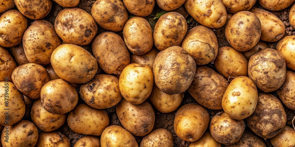 Close up top view of freshly harvested potatoes, potato, vegetable, agriculture, organic, food, raw, close up, top view, tuber, farm Close up top view of freshly harvested potatoes, potato, vegetable, agriculture, organic, food, raw, close up, top view, tuber, farm