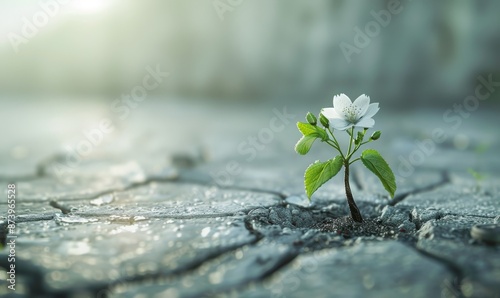 Small trees bloomed on the cracked concrete road in morning, fighting and success concept