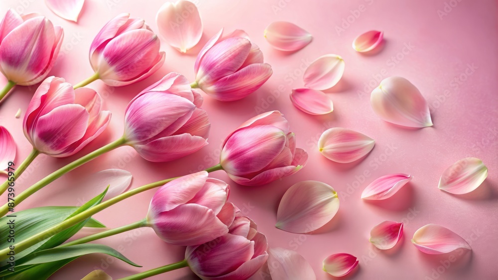 Obraz premium Softly scattered delicate pink tulip petals create a feminine elegant composition against a matching gentle pink background with artistic flair.