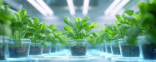 Rows of lush green plants growing in a futuristic indoor hydroponic system with glowing lights, showcasing modern agricultural technology.