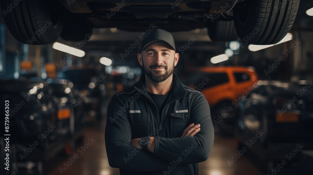 professional mechanic, worker working repair leaning under a vehicle in a garage, Auto car repair service center. Mechanic examining car suspension, Generative AI