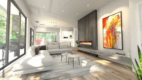 An open-concept modern living room with a minimalist design, featuring a statement wall-mounted fireplace photo